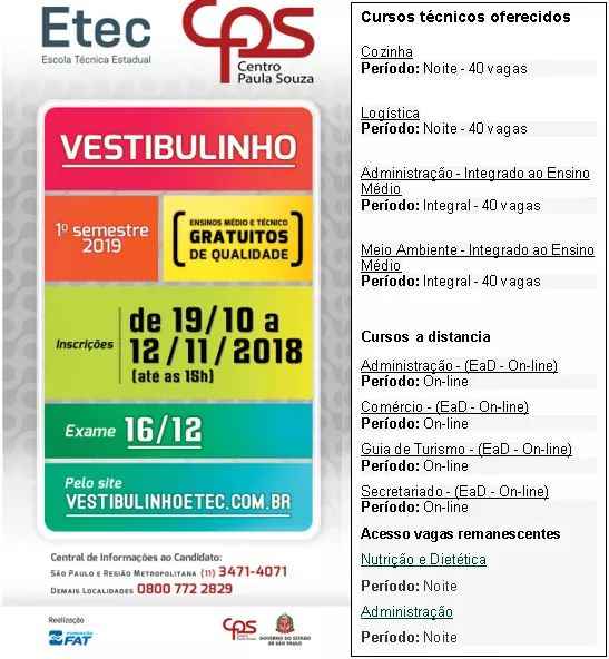 Etecs abrem inscrição do Vestibulinho para o primeiro semestre de