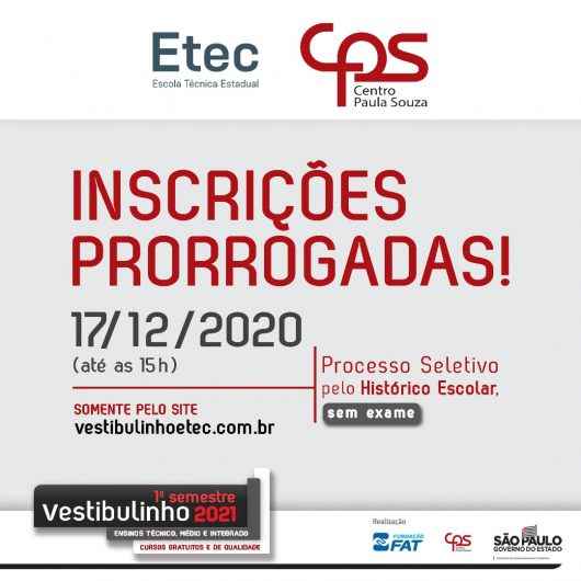 Etec de Caraguatatuba prorroga as inscrições do vestibulinho 2021 para quinta-feira (17)