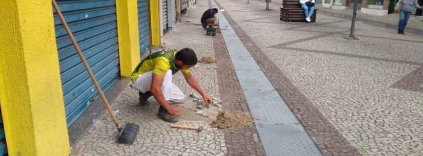 Calçadão Santa Cruz recebe recuperação dos mosaicos de pedras portuguesas em Caraguatatuba