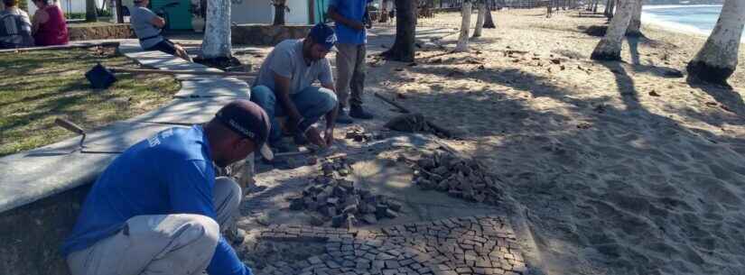 Prefeitura de Caraguatatuba recupera mosaicos de pedras portuguesas na orla da Martim de Sá