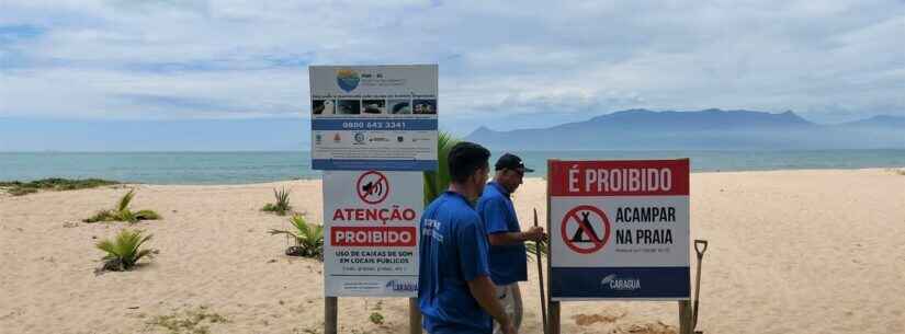 Prefeitura de Caraguatatuba instala placas sobre proibições nas praias do município