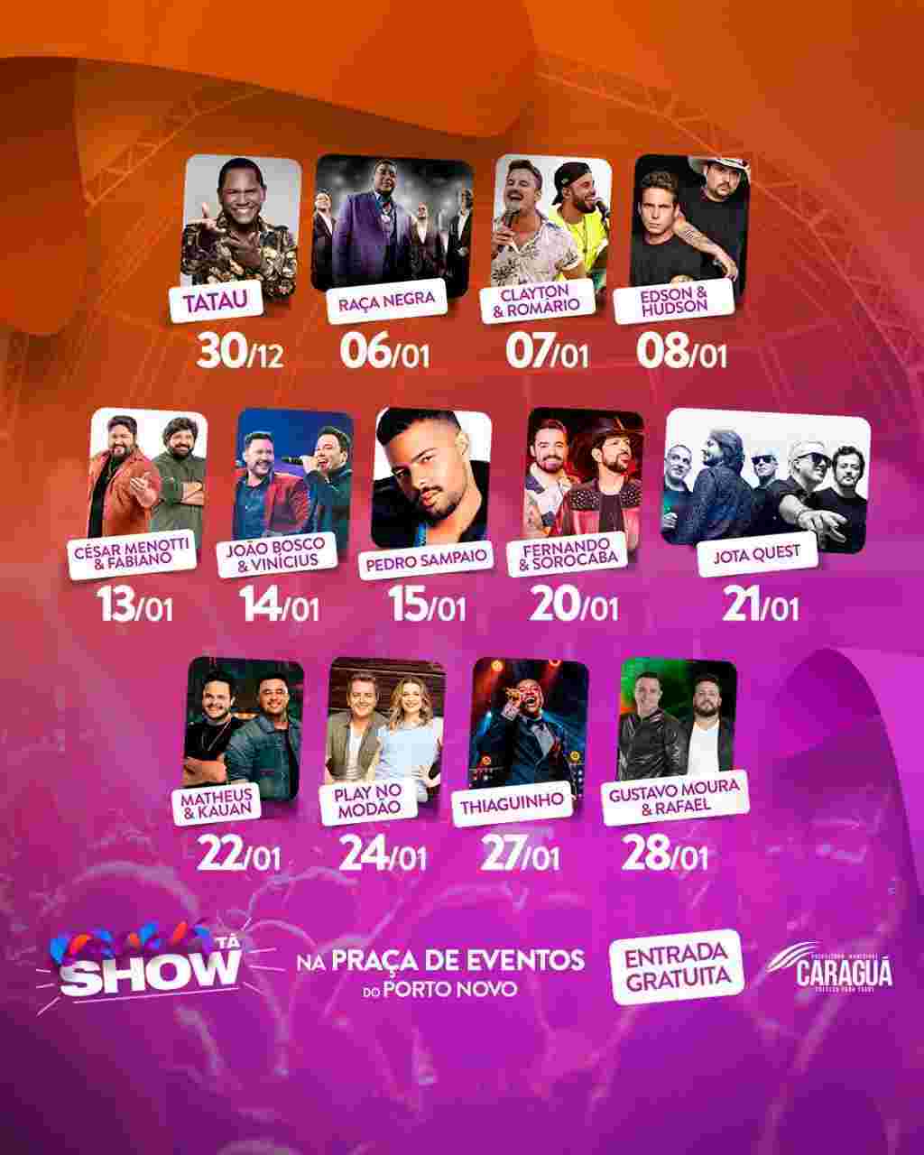 CARAGUÁ TÁ SHOW: Porto Novo recebe Fernando & Sorocaba, Jota Quest e Matheus & Kauan nessa semana