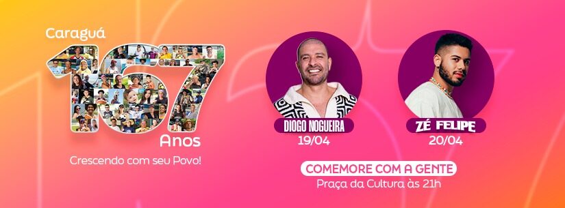 A programação musical em comemoração aos 167 anos de Caraguatatuba inicia nesta sexta-feira (19), com o show do cantor Diogo Nogueira. Já no sábado (20), dia do aniversário da cidade, a festividade será com o cantor Zé Felipe. As apresentações são sempre às 21h, na Praça da Cultura, no Centro. O cantor Diogo Nogueira em sua turnê traz novas leituras para os sucessos de sua carreira, como “Pé na Areia”, “Alma Boêmia”, 