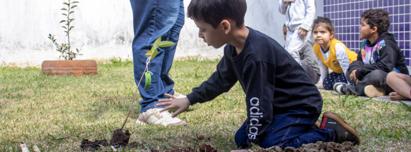 Alunos plantam árvores em escola municipal durante ação do Projeto Arborizar